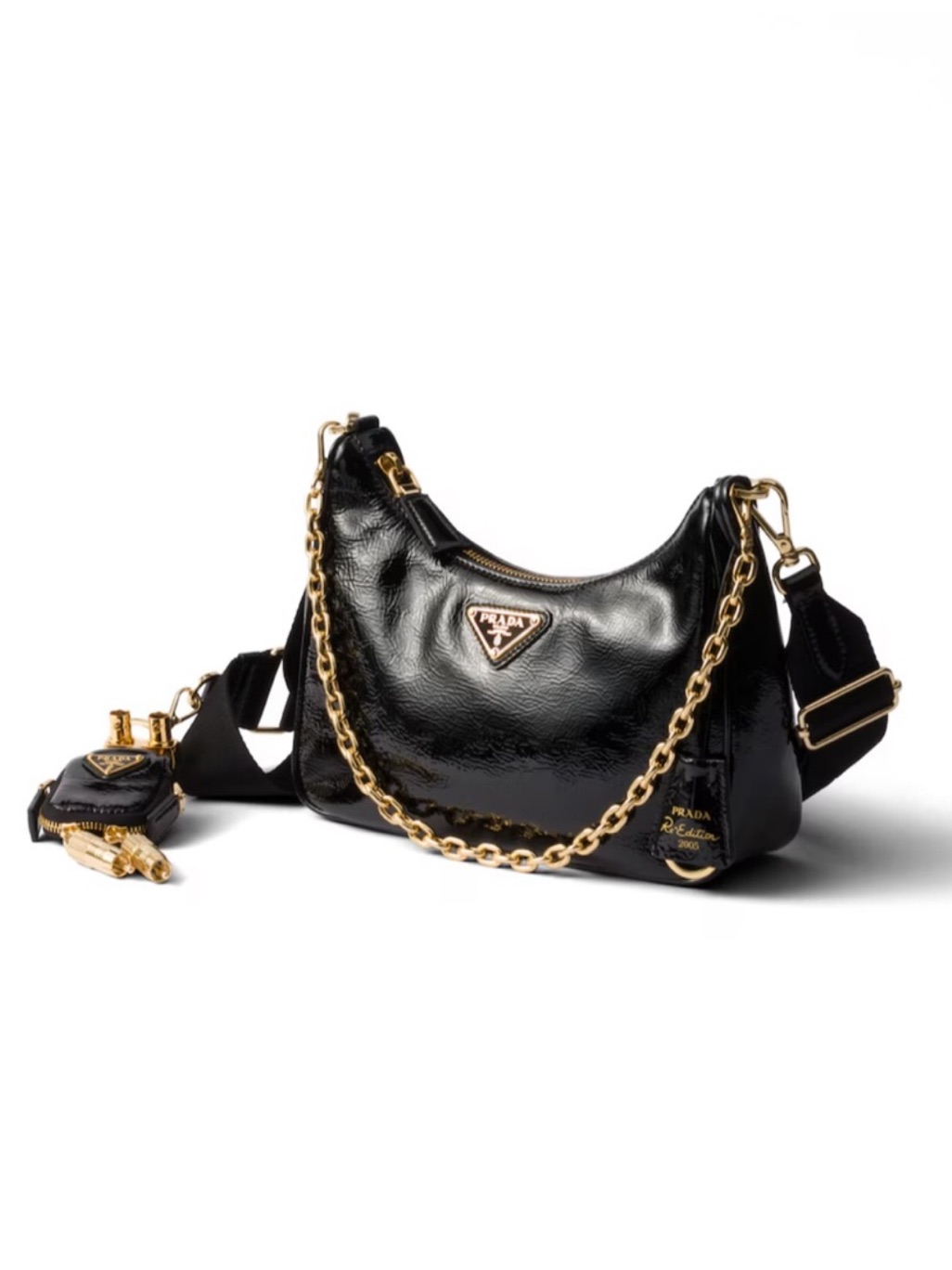 Prada Re-Edition Patent Leather Bag With Robot Charm